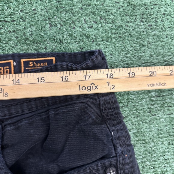 Rock Revival Jeans Mens 36 Black Sheen Straight Embellished Pockets Fleur de Lis - Picture 4 of 9